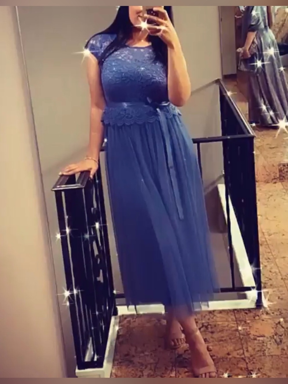 Candlelite Petite Lavish Lace Evening Dress in Dusty Blue